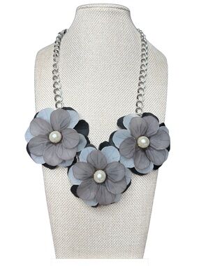 Bocar Gray Floral Pearl Accent Statement Necklace - Frosted Acrylic